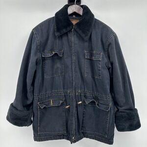 VTG AMI Mens Denim Barn Chore Jacket Utility Faux Fur Size XS Rugged Unisex